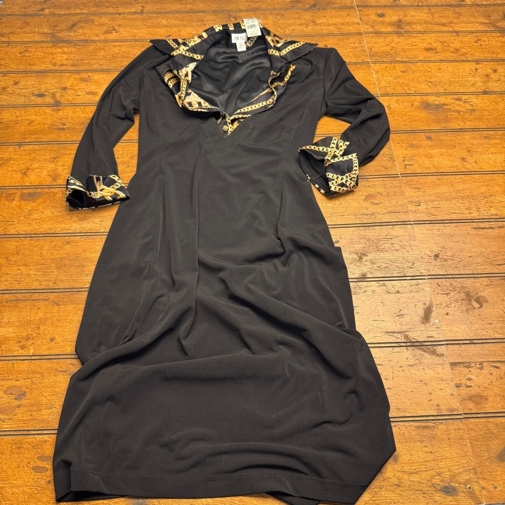 Vintage Cache Black Chain Print Collar Long Sleeve Midi Dress XS VTG‎